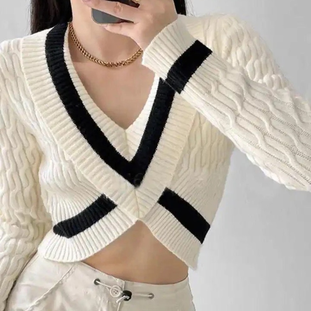 White and Black Cable Knit Sweater
